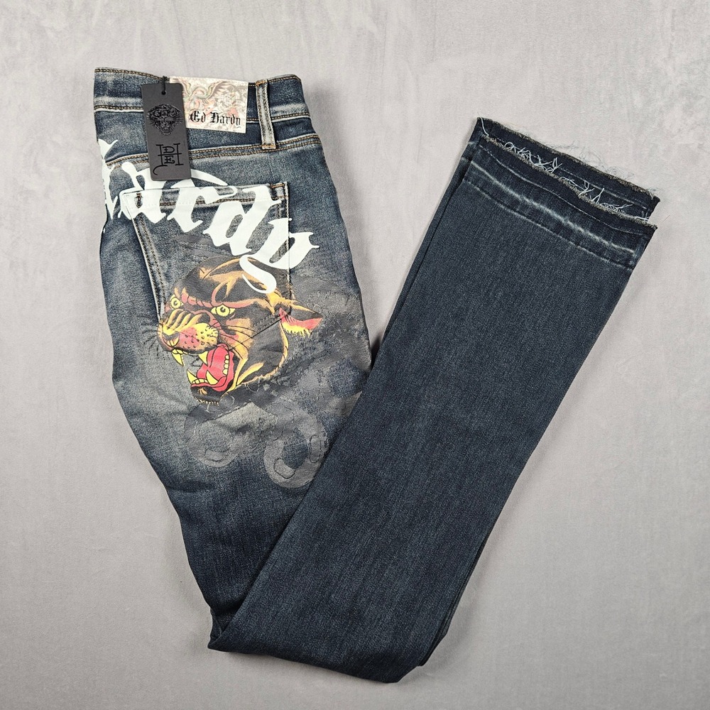NEW Ed Hardy Stacked Boot Jeans Mens 30x36 Blue Med Blast Panther Leopard Tattoo